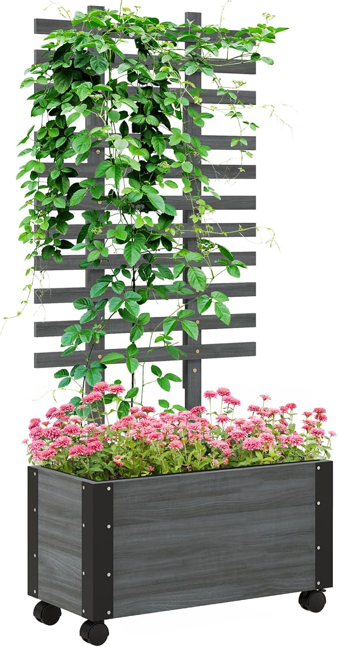 Raised Garden Bed with Trellis 58 Outdoor Wooden Planter Box with Wheels for Vine Plants Flowers Climbing and Planting Gray
