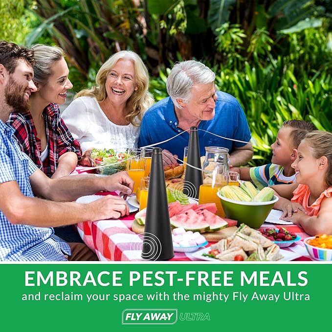 Fly Away Ultra - 2 Pack Rechargeable Outdoor Fly Fans for Tables with Ultrasound Outdoor or Indoor Tabletop use Restaurant Barbeque Events Deter Flies Wasps Bees Moscas and Bugs Hanging Hook.