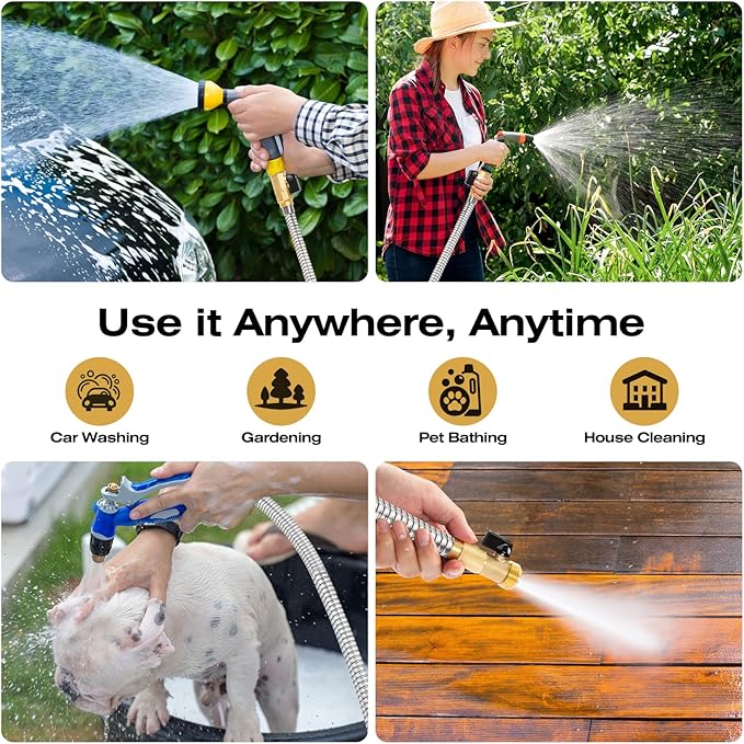 50FT Stainless Steel Metal Garden Hose - Lightweight Kink-Free &amp Tangle-Free Flexible with Brass Fittings On/Off Valve Pet Proof Puncture Proof for Yard RV Car Washing (Silver)