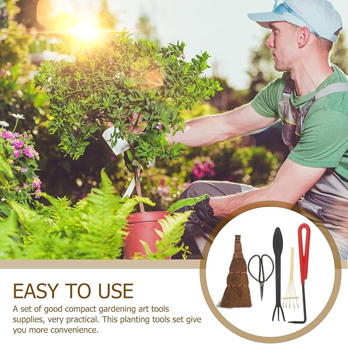 FRCOLOR 5pcs Gardening Tool Set with Pruning Shears Hand Rake and Cultivator for Bonsai and Outdoor Garden Care