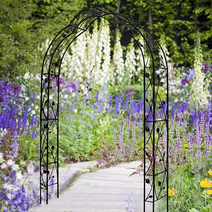 Galvanized Metal Garden Arch 98.4 Tall - Powder Coated Rust-Resistant Trellis for Climbing Roses &amp Vines Heavy Duty Wedding Arbor &amp Backyard Plant Support Structure (Black W59'' x H98.4'')