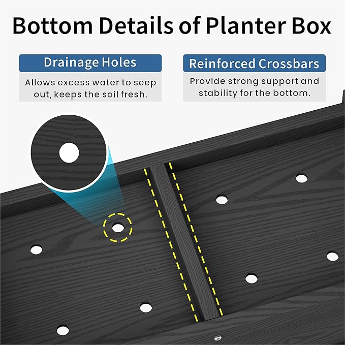 HDPE Planter Box All-Weather Outdoor Garden Bed Easy to Assemble Drainage System Low Maintenance Non-Fading for Flower/Herb/Seed (Black)