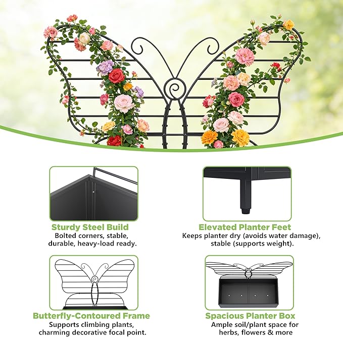 Metal Planter Box with Trellis Metal Raised Garden Bed with Drainage Holes Butterfly-Shaped Planters for Outdoor Garden Box for Climbing Plants Vegetables and Vines (Black)