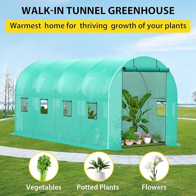 8*13*7FT Walk-in Greenhouse Portable Walking in Tunnel Tent Walking in Tunnel Tent with Galvanized Pipe Roller Zippered Door &amp 6 Screen Windows Greenhouses for Outdoors (Bottom widening Design