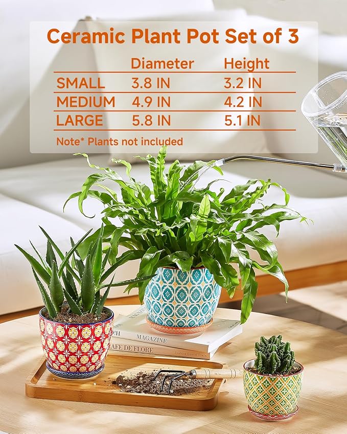 Ceramic Plant Pots 3.8+4.9+5.8 Inch Set of 3 Flower Pots with Drainage Hole &amp Saucer Trio Planter Pots Set for House Plants Home Decor Vibrant Colors