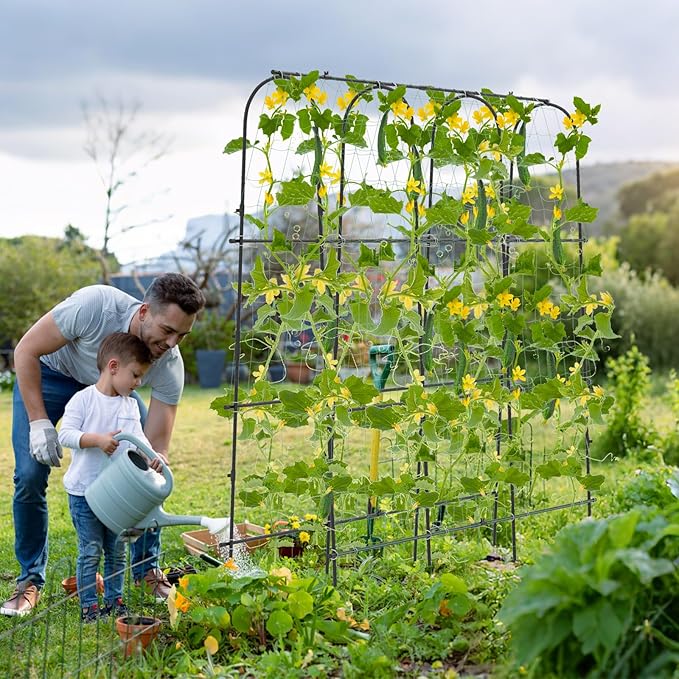 71 x 71 Cucumber Trellis for Raised Bed Garden Arch Trellis Metal Plant Support Frame with Netting Sure-Clips &amp Ground Stakes U-Shaped Garden Trellis for Climbing Plants Outdoor