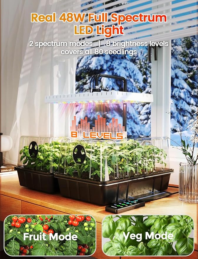 48W Full Spectrum LED Grow Light Seed Starter Kit 80-Cell Tray with 30W Heating Mat &amp Adjustable Dome Waterproof Germination System for Healthy Indoor Seedlings