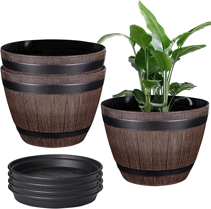 VECELO Plant Pots with Drainage Holes &amp Saucer 13 Inch Flower Pots with Tray 3 Pack Plastic Whiskey Barrel Planters for Indoor &amp Outdoor Garden Home Plants and Flowers
