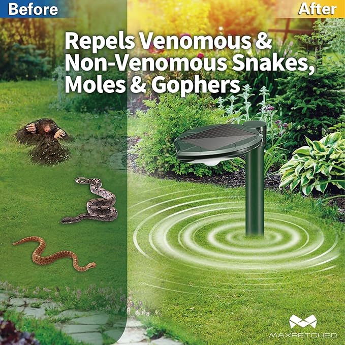 Solar Snake Repellent Ultrasonic Outdoor with LED Light Sonic Mole Repeller Solar-Powered Snake Mole Vole Gopher Away for Lawn Yard 4PK