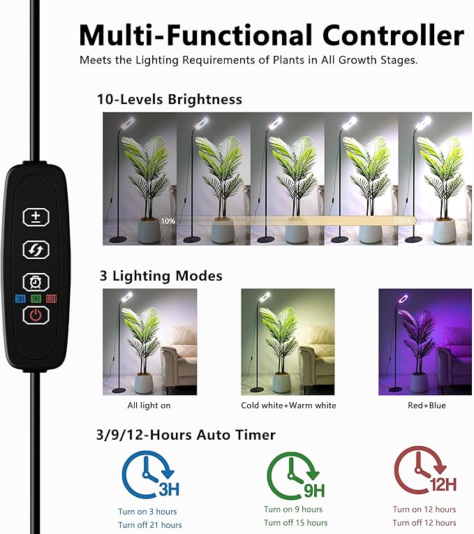 Grow Light for Indoor Plants Full Spectrum LED Halo Plant Lights with Stand Floor Standing Growing Lamp with Adjustable HeightAuto Timer for Tall Large Plant (20W-Black)