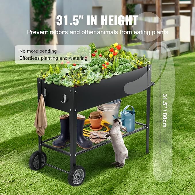 VEVOR Raised Planter Box with Legs and Wheels Larger Size 43.3x19.5x31.5 Outdoor Elevated Garden Bed On Wheel Metal Planting Boxes for Growing Flowers/Vegetables/Herbs in Backyard/Garden/Balcony