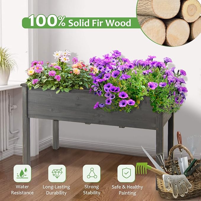 S AFSTAR Raised Garden Bed Elevated Wooden Planter Box 48”L x 22”W x 30”H Outdoor Gardening Planting Bed for Vegetables Flowers &amp Herbs Grow Great for Backyard Patio Lawn (Gray)