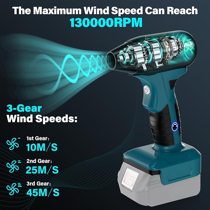 130000 RPM Brushless Air Blower for Makita 18V Battery 4-Speed High-Speed Air Duster Max 190g Wind Force Cordless Jet Fan for Jobsite Car Detailing &amp Outdoor Cleaning