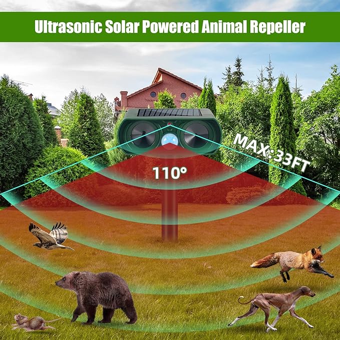Solar Ultrasonic Animal Repeller Outdoor Squirrel Racoon Fortress Pro Deer Repellent Devices Motion Activated Animal Deterrent Devices to Scare Cat Rabbit Fox Skunk for Yard Garden (ABS 2)