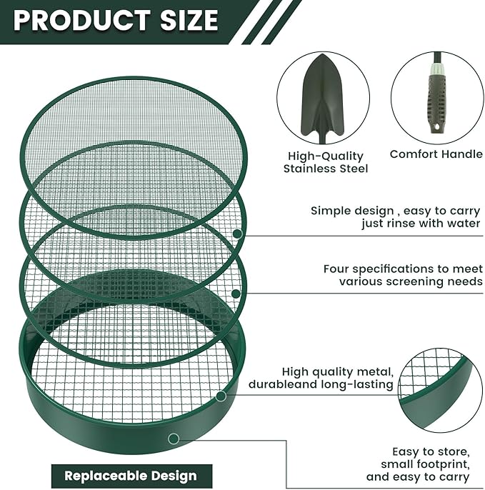 Soil Sifter for Gardening 12 Inch Dirt Garden Sieve Soil Sifter with 4 Replaceable Fine Screens and Shovel Rock Sieve Sifter Sifting Pan Soil Sieve Sifter Set