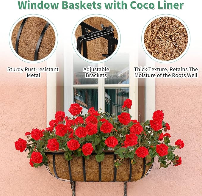 Tessco for you 6 Pieces Railing Planter Boxes 24 Inches Window Box Planters with Coco Liner and Adjustable Brackets for Deck Porch Fence Patio Balcony Gardening Outdoor Plants