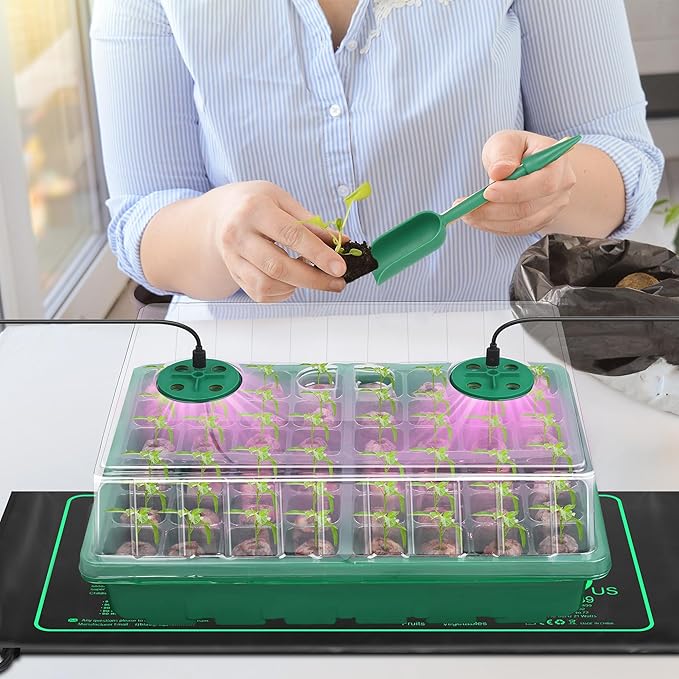 Seed Starter Kit with Grow Light Seedling Heat Mat 48 Cells Seed Starter Tray with Humidity Dome and Base Germination Trays Plastic Growing Trays Plant Propagation Kit for Seed Starting Green