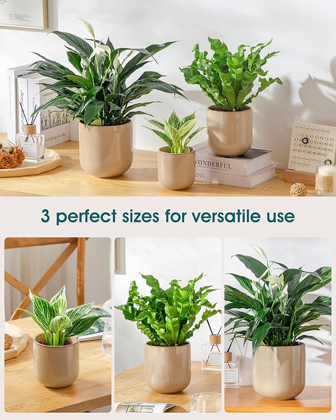 vancasso Ceramic Plant Pots 4+5+6 inches Set of 3 Planters with Drainage Hole Flower Pots Planters Pots for Indoor Plants Modern Indoor Decorative Garden Pot Home Decor Brown