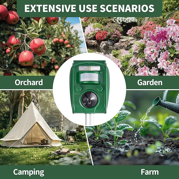 Upgraded Solar Ultrasonic Squirrel Deer Repellent Devices Motion Detection 5 Adjustable Modes Cat Raccoon Rabbit Dog Deterrent Animal Repellent with Waterproof for Yard 1P Olive