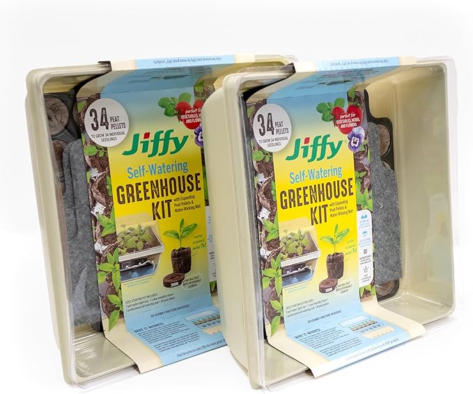 Jiffy Seed Starter Tray Kit - Self-Watering High Germination Rate Seedling Tray - 2 Pack Peat/Plastic