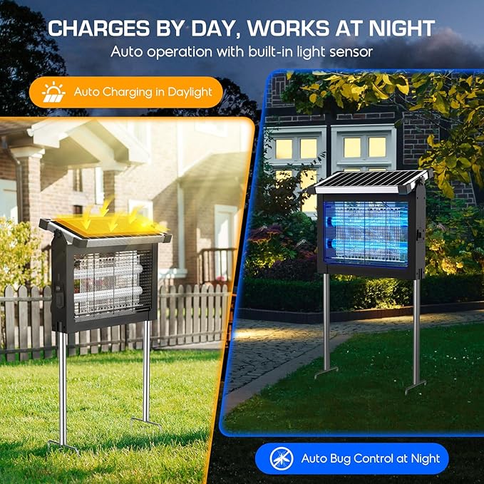 Solar Bug Zapper Outdoor Waterproof 4500V High Power Cordless Mosquito Zapper with Smart Light Sensor Dual Solar &amp USB Rechargeable Insect Killer for Patio Garden Backyard Indoor &amp Outdoo