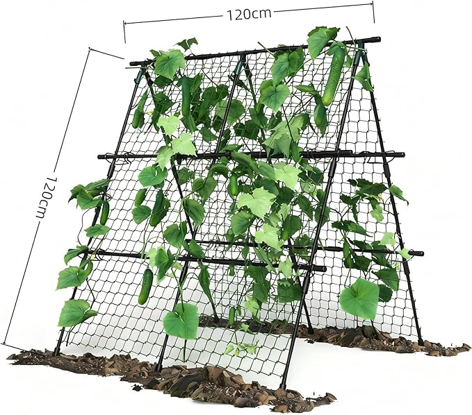 Cucumber Trellis Set A-Shaped Plant Holder with Garden Net &amp Plant Clips Adjustable Width Trellis Metal Plant Support for Climbing Plants Flowers Useful Plants 120 x 120 cm Black
