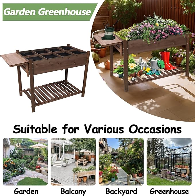 Elevated 8 Pocket Herb Garden BedWooden Standing Planter Box with LegsFoldable Side Table and Storage Shelf Patio Raised Garden Bed for HerbsVegetablesFlowers (Dark Brown 49 Inch)