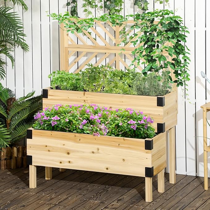Raised Garden Bed with Trellis: Tier Wood Planter Box &amp Support System for Vegetables Flowers &amp Herbs