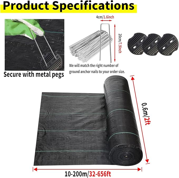 Ground Cover Membrane Weed Blocker Fabric 2ft Wide with Ground Nails and Gaskets for Erosion Control Landscape Fabric Weed Barrier (Color : WxL Size : 0.6x40m/2x131ft)