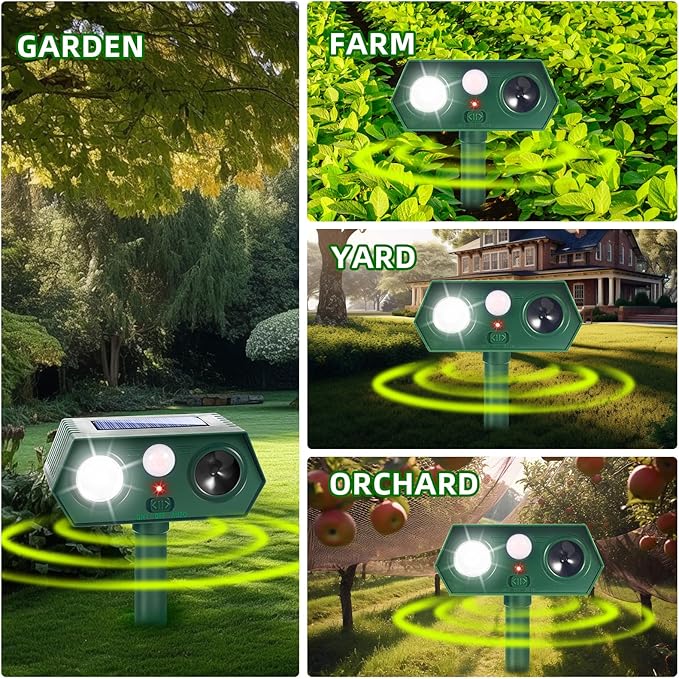4 Pack Ultrasonic Solar Animal Repellent Cat Deterrent OutdoorDeer Repellent with Motion Sensor Strobe LightWaterproof Animal Repeller for Raccoon Squirrel Rabbit Dog SkunkYard Garden Protection