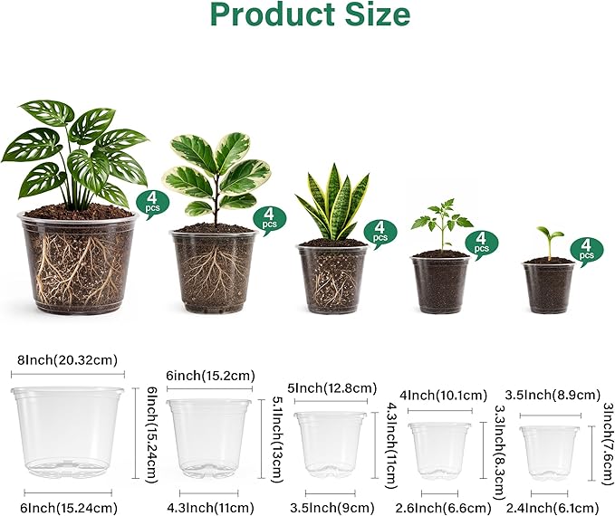 20 Pack 8/6/5/4/3.5 Inch Reinforced Large Clear Nursery Pots with Drainage Hole Transparent Variety Pack Plastic Plant Pot for Vegetable Propagation Root Cutting Seed Starting