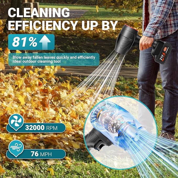 Leaf Blower Cordless Powerful Handheld Electric Blower with 2×21V Batteries Lightweight Leaf Blower for Lawn Care Patio Leaves Snow &amp Dust Removal (Leaf Blower Cordless)