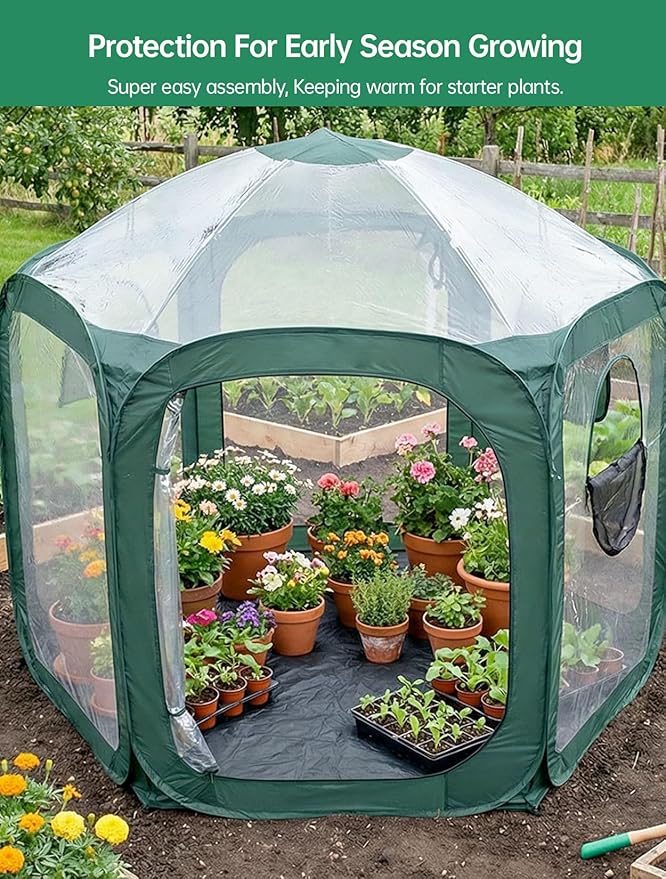 Porayhut Pop up Greenhouse TentPortable Large Walk-in Plant House 10’X10’ Indoor Outdoor Gardening Plant Sunshine Room with PVC Mesh Cloth Cover for Protecting Plant from Cold Frost &amp Birds