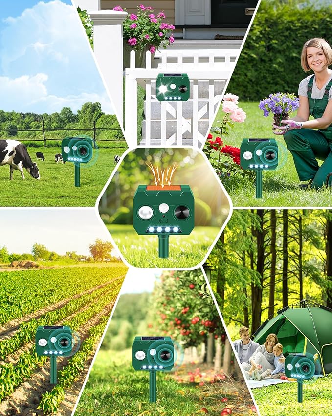 Solar Ultrasonic Animal Repellent Outdoor 4 Pack Cat Repellent Outdoor Deer Repellent Devices with PIR Motion Sensor ＆ LED Flash Waterproof Squirrel Repeller Cat Raccoons Rabbits Deer Skunk