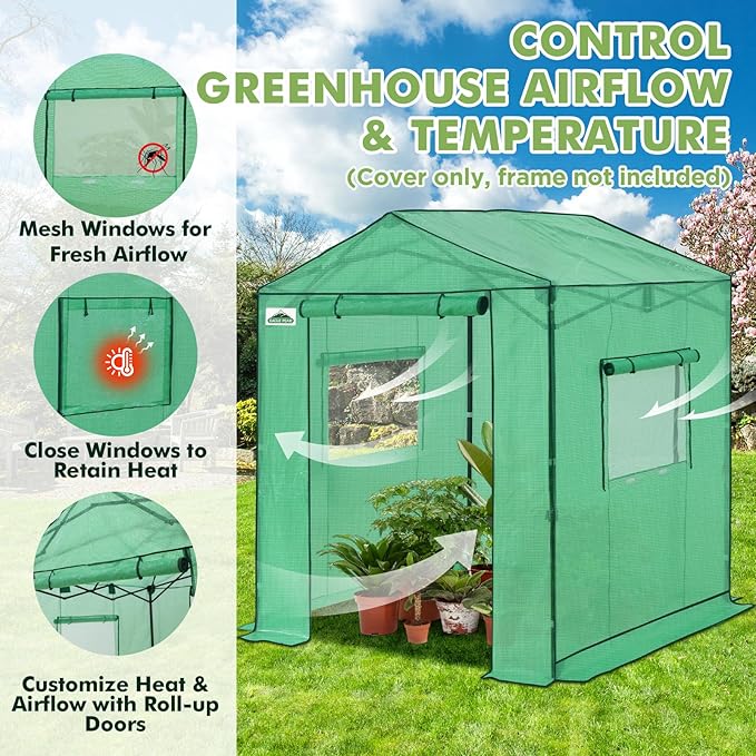 EAGLE PEAK Replacement Cover for 6x6 Gable Roof Pop up Greenhouse Front and Rear Roll-Up Zipper Entry Doors and 2 Large Roll-Up Side Windows (Frame Not Included) Green