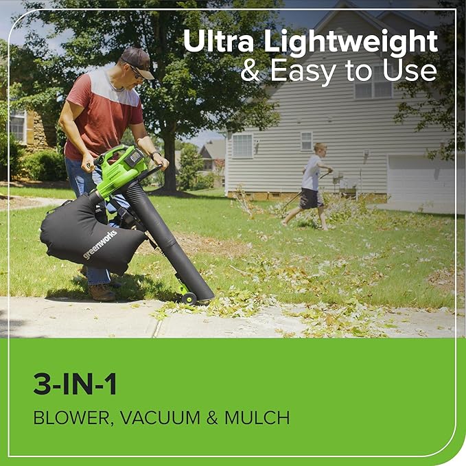 Greenworks 48V (24V x 2) Cordless Brushless Leaf Blower/Vacuum (520 CFM / 240 MPH) with Bag Powerful &amp Efficient for Yard Debris Cleanup Includes (2) 4.0Ah Battery &amp Dual Port Charger