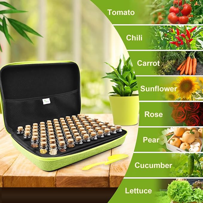 【80 Slots】 Seed Storage Organizer Sturdy Organizer Box with Dual Zipper Bag and 84Pcs Label Stickers Glass Seed Storage Container for Flower Vegetable Plants Garden Seeds Saving Green
