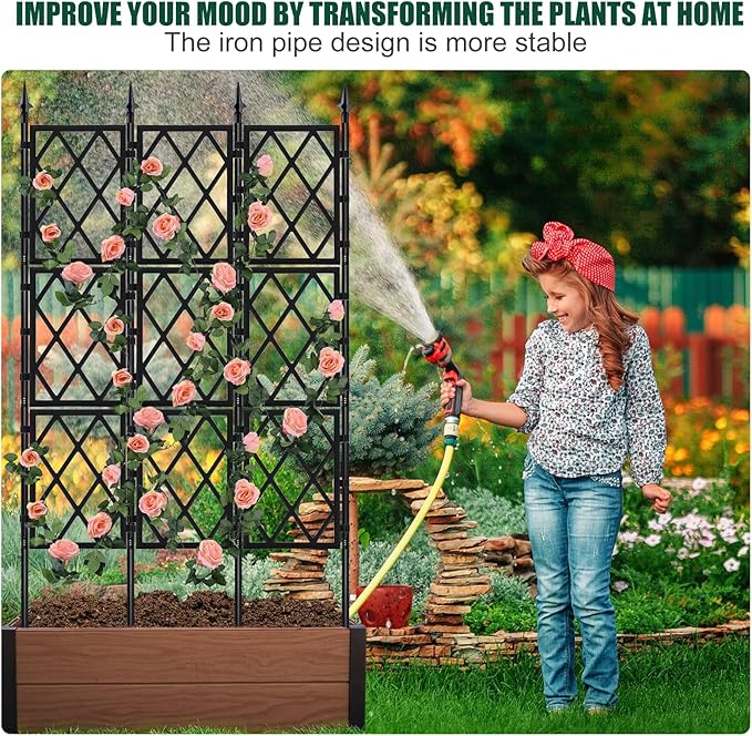 Garden Trellis for Climbing Plants Outdoor 5.25 FT Iron Pipe Metal Support Wall Tall Plant Trellis Lattice Fence Plant Support with Garden Twist Tie for Ivy Vines Rose