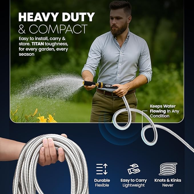 TITAN Garden Hose 15FT - 304 Stainless Steel Metal Water Hose Flexible Kink-Free Lightweight Durable Crush Resistant Fittings Easy to Coil 500 PSI