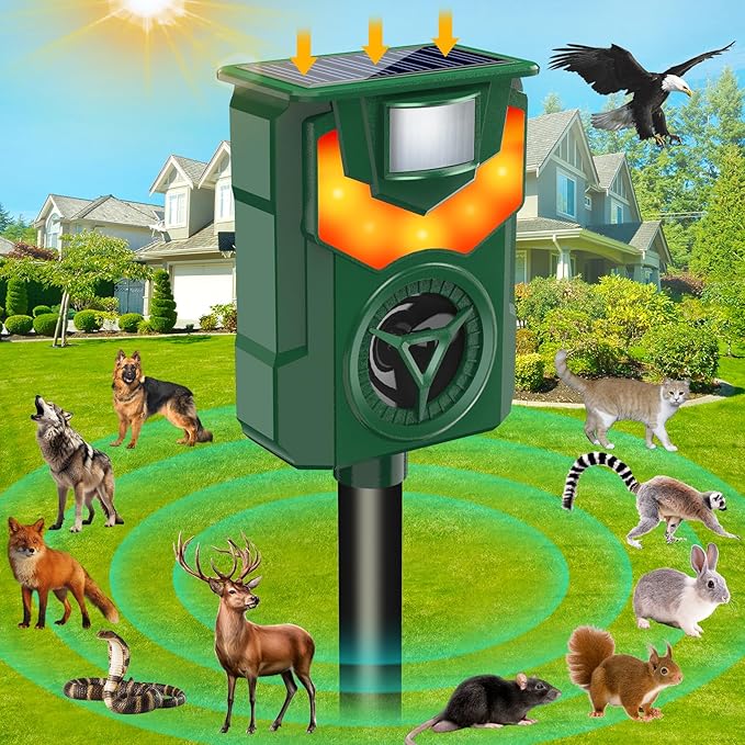 Ultrasonic Animal RepellersSolar Cat Repellent Outdoor with Flaming Eye AlarmWaterproof Raccoon Repellent with Motion Detection for Farm Yard Garden Repelling Dog Rabbit SkunkSquirrel