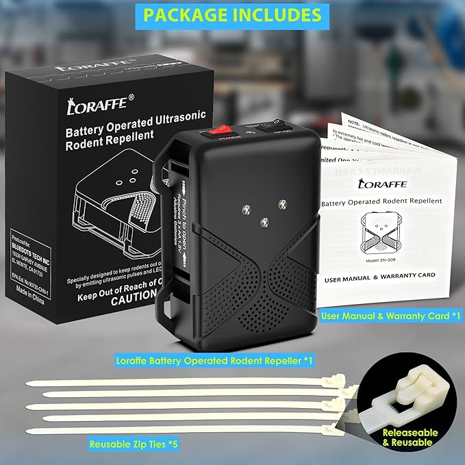 Ultrasonic Rodent Repellent for Car Engine – Battery Powered Under Hood Mouse Repeller with Flashing Strobe Light Keeps Rats and Mice Away from Vehicle Automobile Truck Garage Attic Barn Shed
