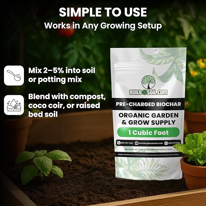 BuildASoil Pre-Charged Biochar Organic Soil Amendment for Plants No-Till Friendly Clay Soil Conditioner with Perlite for Gardening and Horticultural Charcoal Blend 1 Cubic Foot Pack