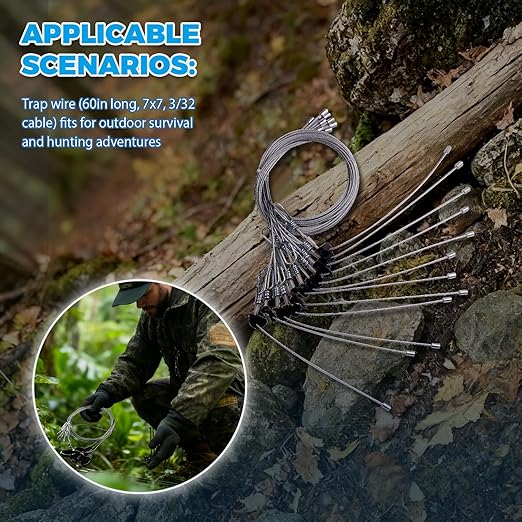 12Pcs Trap Wire (60in Long 7x7 3/32 Cable) Fits for Outdoor Survival and Hunting Adventures Easy to Carry