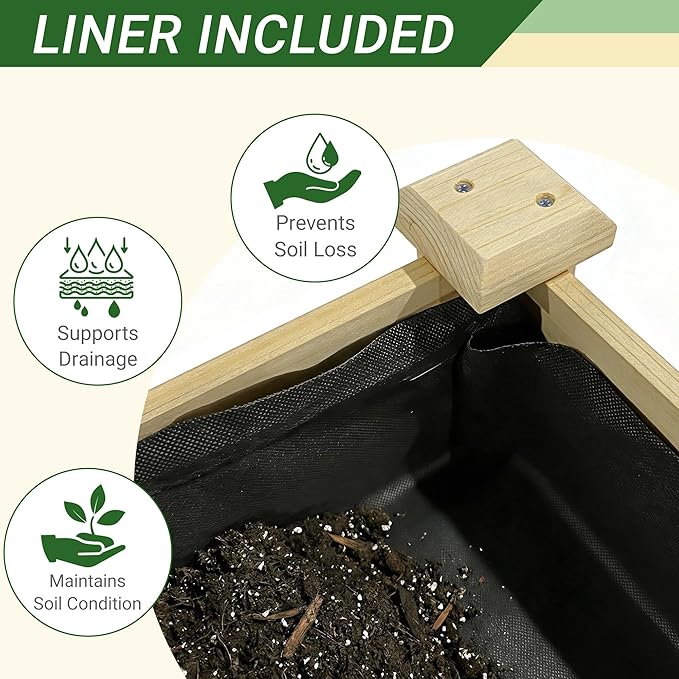 48 x 23 x 31 Inches Raised Garden Bed with Legs Elevated Wooden Planter Box for Outdoor Plants with Water Collection Tray Storage Shelf Protective Liner Natural