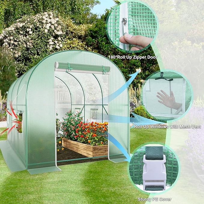 Walk-in Greenhouse 10x7x7 FT Heavy Duty Tunnel Green House for Outdoors Portable Green Houses for Outside Winter Hot House with Metal Frame &amp Roll-up Zipper Door Screen Windows