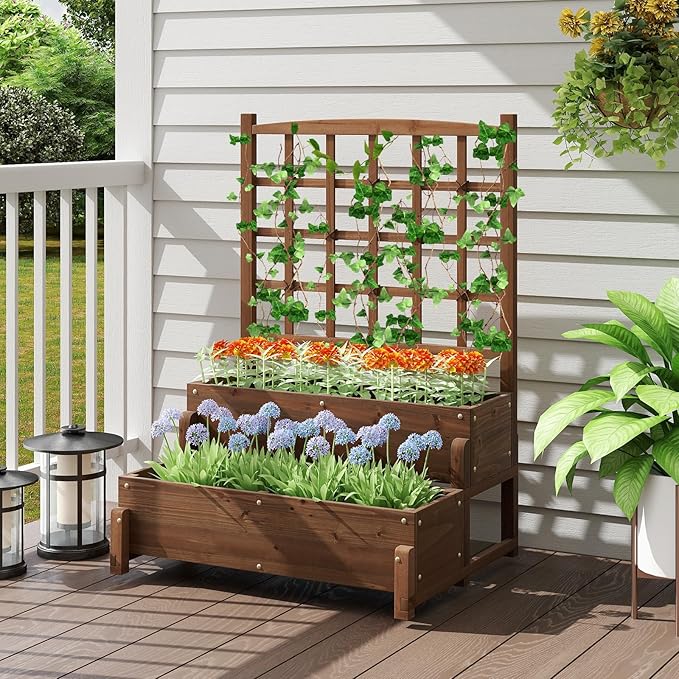 HAPPYGRILL Raised Garden Bed with Trellis Drainage Holes 2-Tier Wooden Elevated Planter Box w/Legs for Climbing Plants Vine Flower Herb Vegetable Fruit Outdoor Garden Box for Patio Balcony (2)