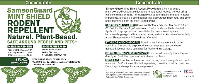 Mint Shield – Plant-Based Rodent Repellent Concentrate – Natural Peppermint Oil Spray for Mice Rats – Makes 1 Gallon – Indoor &amp Outdoor Use