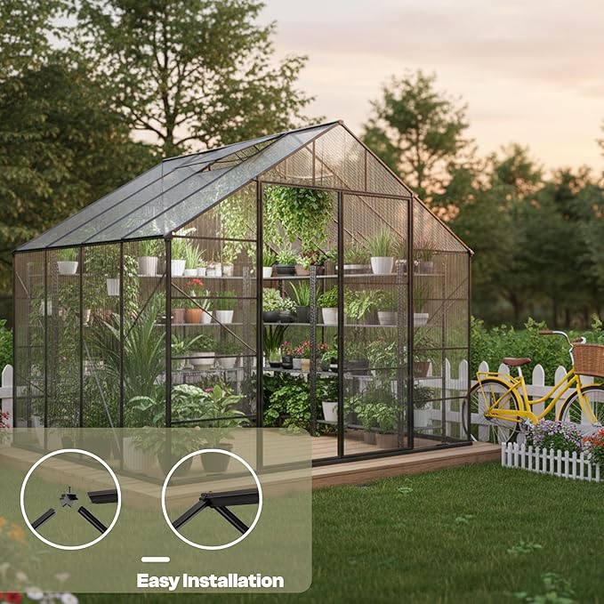 Kingdura 8x8ft Walk-in Greenhouse for Outdoors Large Polycarbonate Greenhouses with Heavy Duty Aluminum Frame Adjustable Roof Vent Lockable Door UV Protection for Outside Garden Backyard