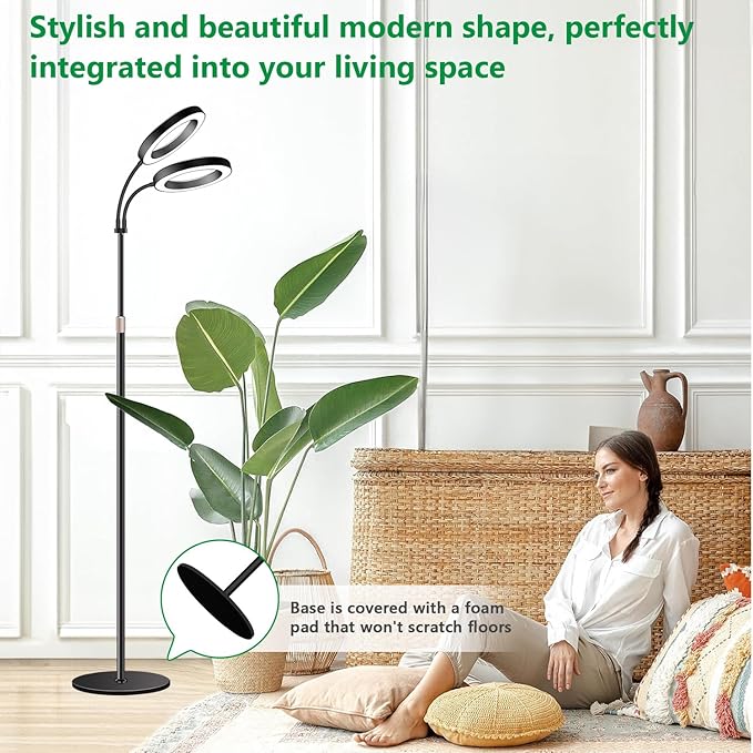 Large Plant Light for Indoor Plants 2 Head Full Spectrum Grow Light with 68 Adjustable Stand for Growing Large Tall Plants Black Halo Floor LED Grow Lamp with 16 Hour Timer