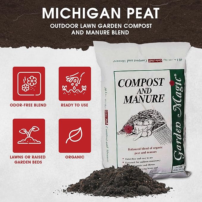 Michigan Peat 10-Pack Compost &amp Manure Blend Garden Magic Mix w/Odor-Free Blend 40 Lbs - Outdoor Lawn and Gardening Mixture with Nutrients and Minerals for Soil Potting and Planting